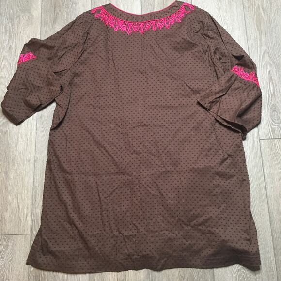 Rungolee Womens Embroidered Embellished Tunic Top Side Slit Brown Pink - Picture 2 of 11